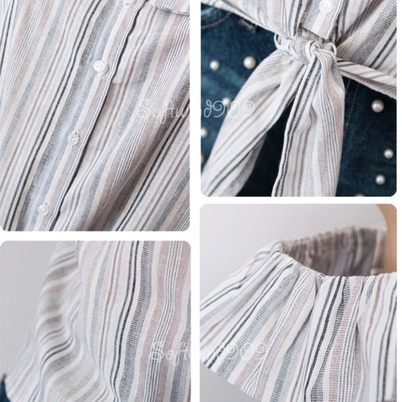 Last☝️ Striped Off Shoulder Button Tie Front Top - Picture 7 of 8